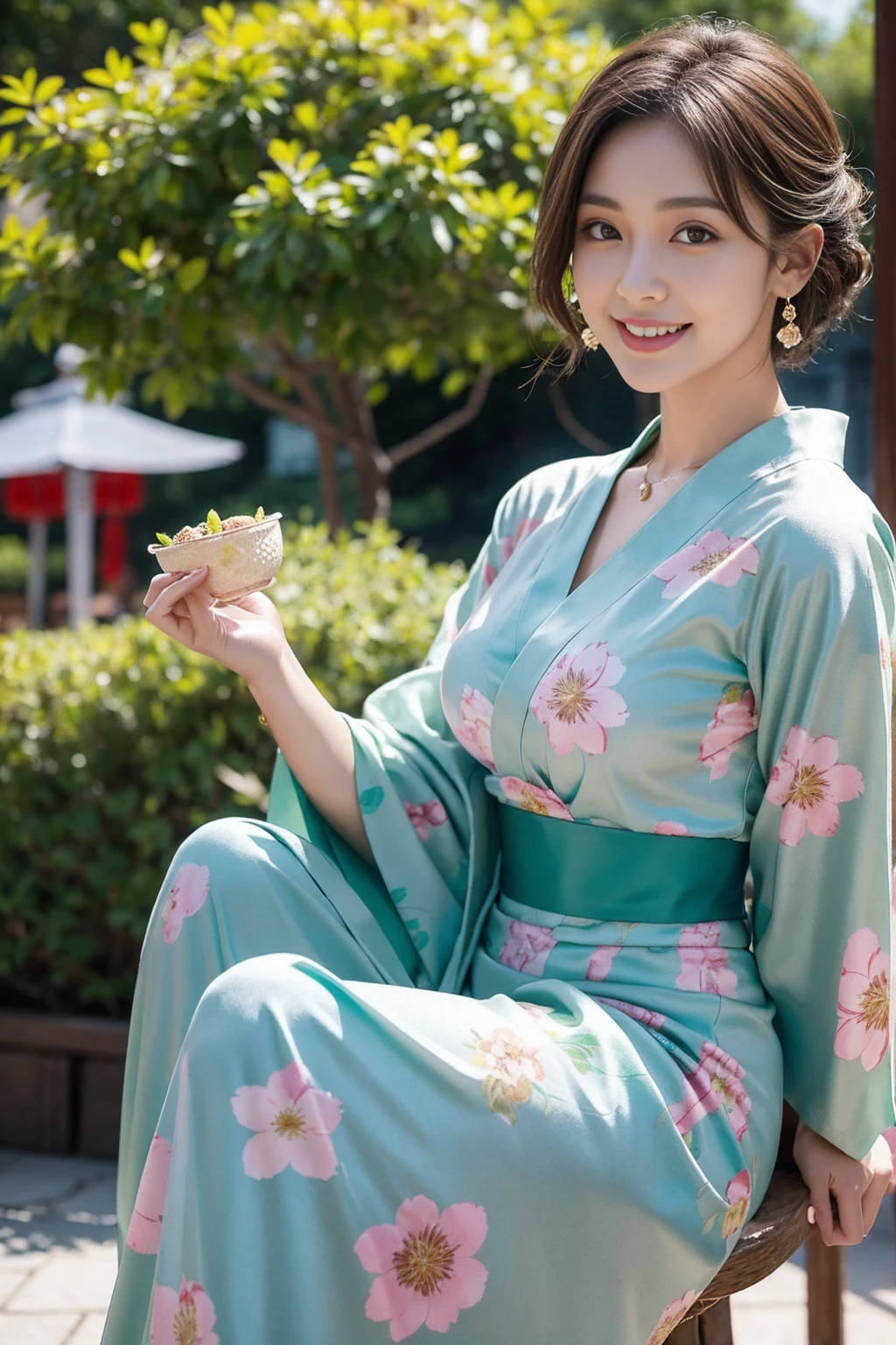 Highest quality,8K, Detailed facial depiction, Detailed description of the eyes,One Woman, Light brown hair(Short Hair),Beautiful Japanese Girl,24-years-old,Cute eyes,Cute Smile,Yukata beauty,Yukata with green floral pattern,Slender body, Large, plump breast size, Long and beautiful legs,Smiling, Colorful earrings,necklace,Are standing,Beautiful nape,Summer festival,There are food stalls