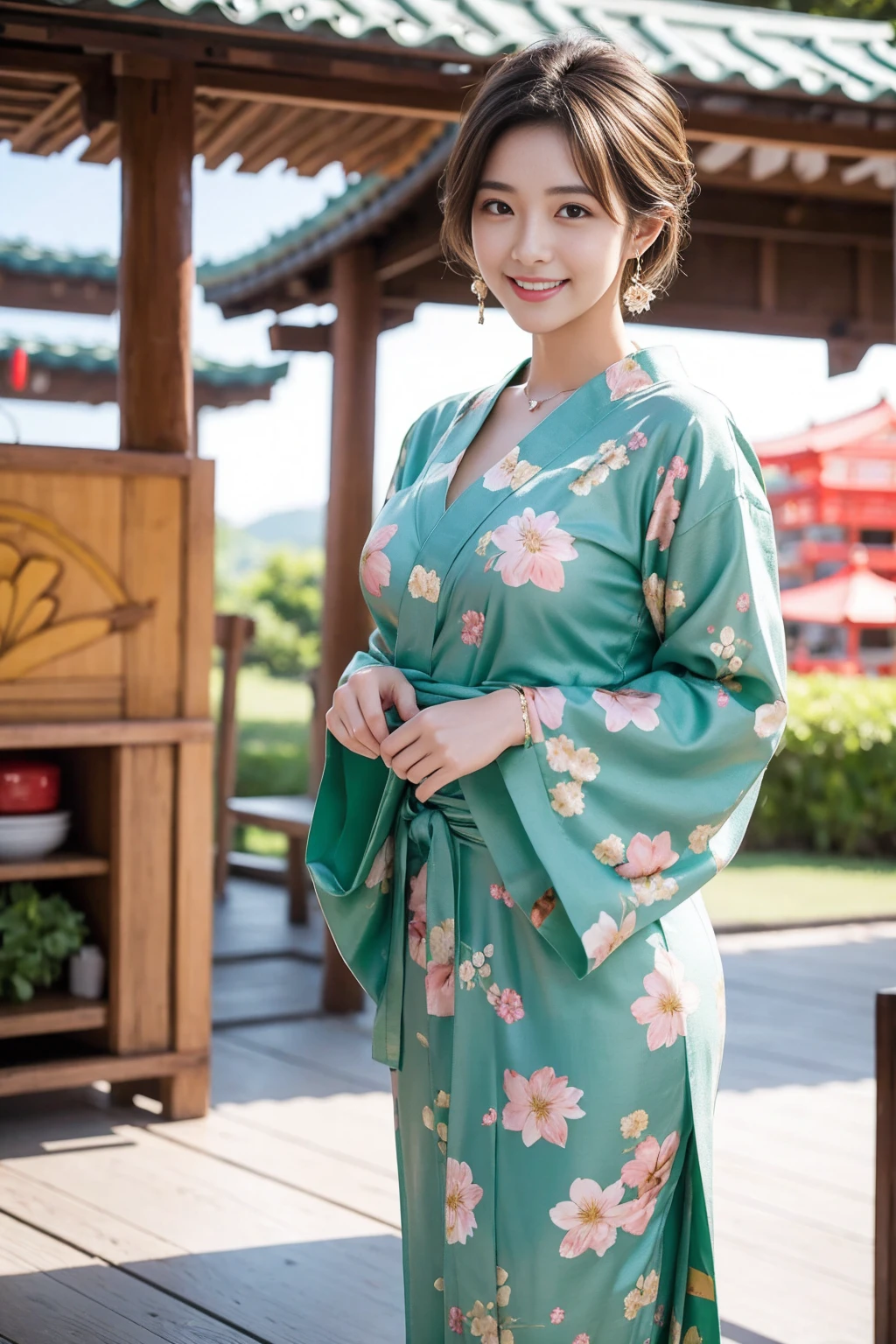 Highest quality,8K, Detailed facial depiction, Detailed description of the eyes,One Woman, Light brown hair(Short Hair),Beautiful Japanese Girl,24-years-old,Cute eyes,Cute Smile,Yukata beauty,Yukata with green floral pattern,Slender body, Large, plump breast size, Long and beautiful legs,Smiling, Colorful earrings,necklace,Are standing,Beautiful nape,Summer festival,There are food stalls