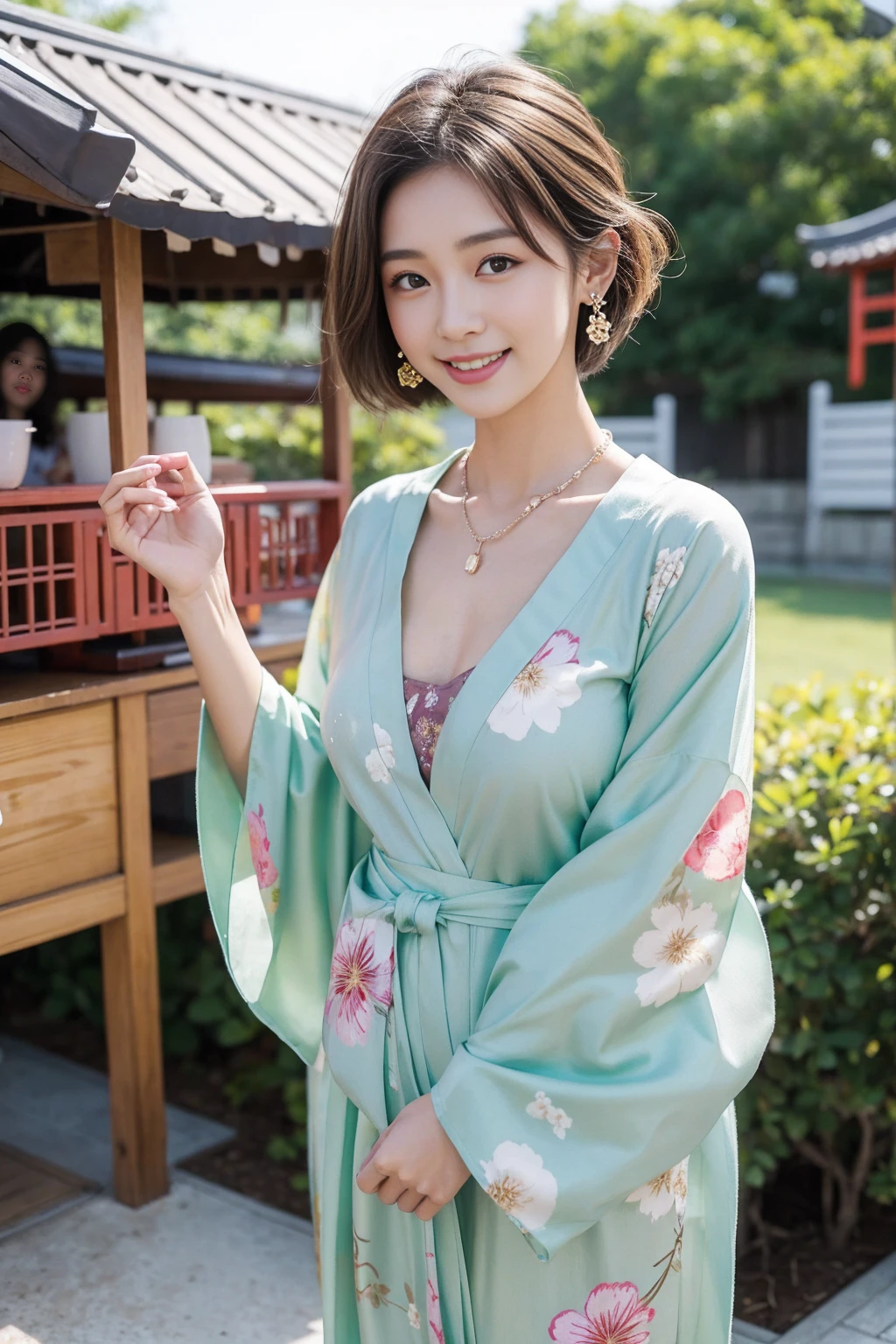Highest quality,8K, Detailed facial depiction, Detailed description of the eyes,One Woman, Light brown hair(Short Hair),Beautiful Japanese Girl,24-years-old,Cute eyes,Cute Smile,Yukata beauty,Yukata with green floral pattern,Slender body, Large, plump breast size, Long and beautiful legs,Smiling, Colorful earrings,necklace,Are standing,Beautiful nape,Summer festival,There are food stalls