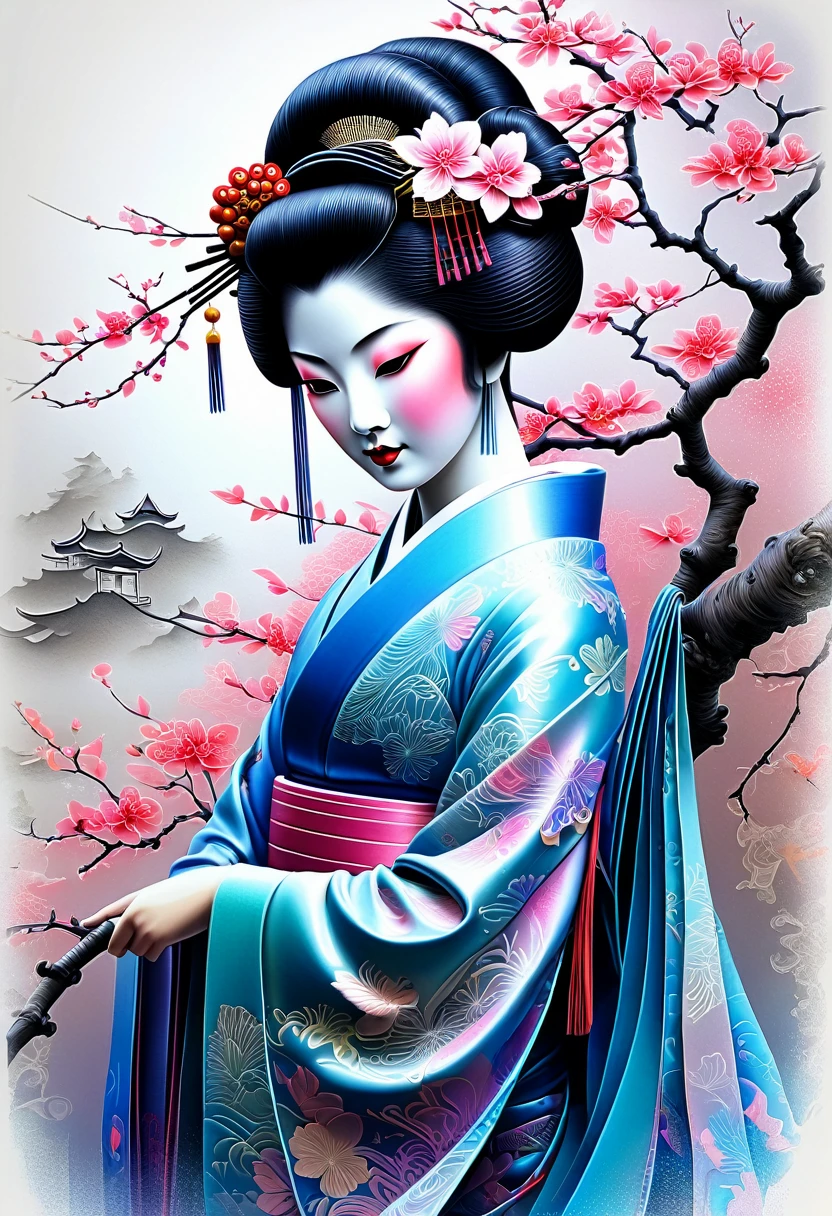 Sur une feuille de papier,  Dessiner une figurine 4D de style encre uhd époustouflante et à couper le souffle, une geisha portant une sublime Cheongsam dress très détaillé en dentelle fractal, effet holographique qui semble sortir de la feuille de dessin, dessin extrêmement détaillé, hyperréaliste, Des détails sublimes. Un travail vraiment remarquable, travail joyeux et sensuel, (sublime poitrine effet push-up qui semble sortir de la feuille de dessin, effet 3d époustouflant), ((proportions parfaites, masterpiece, hyperRéaliste, masterpiece, superior quality, high resolution, Extremely detailed, highly detailed 8K wallpaper, détails fractales))