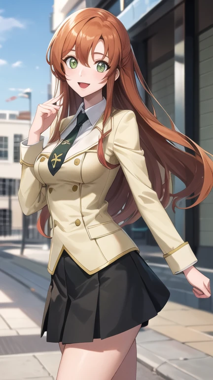 masterpiece, best quality, highres, hmshir, long hair, green eyes, , yellow jacket, black skirt, necktie, pleated skirt, cowboy shot, outdoors, smile,