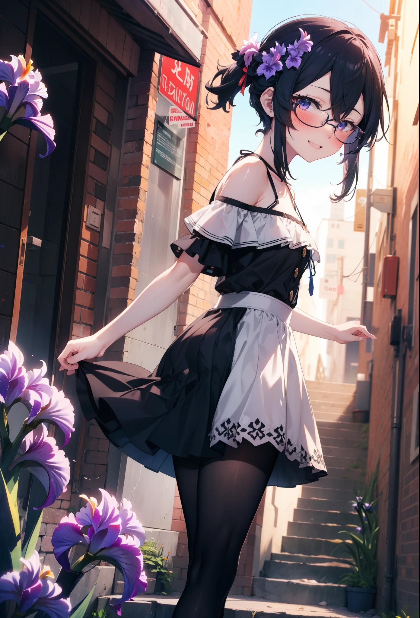 chino asada, Shino Asada, (Iris:1.5), Black Hair, Hair between the eyes, hair ribbon, short hair, Side Lock, Glasses, (Small breasts:1.2),happy smile, smile, Open your mouth,blush,Cold shoulder tops,Short sleeve,Long skirt,Black pantyhose,Stiletto heels,Walking,whole bodyがイラストに入るように,Daytime,Clear skies,
break looking at viewer,whole body,
break outdoors, Building district,
break (masterpiece:1.2), Highest quality, High resolution, unity 8k wallpaper, (figure:0.8), (Beautiful attention to detail:1.6), Highly detailed face, Perfect lighting, Highly detailed CG, (Perfect hands, Perfect Anatomy),