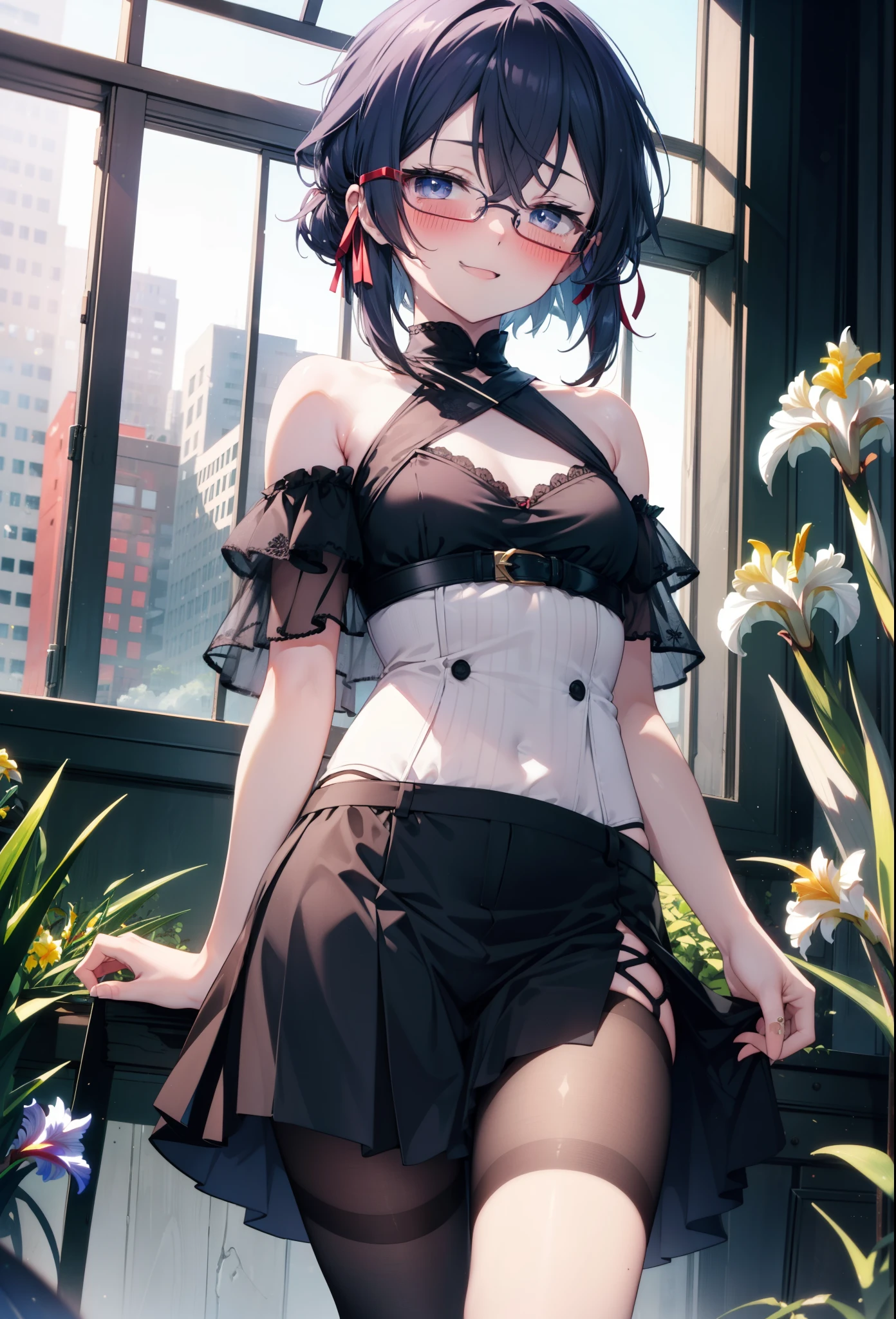 chino asada, Shino Asada, (Iris:1.5), Black Hair, Hair between the eyes, hair ribbon, short hair, Side Lock, Glasses, (Small breasts:1.2),happy smile, smile, Open your mouth,blush,Cold shoulder tops,Short sleeve,Long skirt,Black pantyhose,Stiletto heels,Walking,whole bodyがイラストに入るように,Daytime,Clear skies,
break looking at viewer,whole body,
break outdoors, Building district,
break (masterpiece:1.2), Highest quality, High resolution, unity 8k wallpaper, (figure:0.8), (Beautiful attention to detail:1.6), Highly detailed face, Perfect lighting, Highly detailed CG, (Perfect hands, Perfect Anatomy),