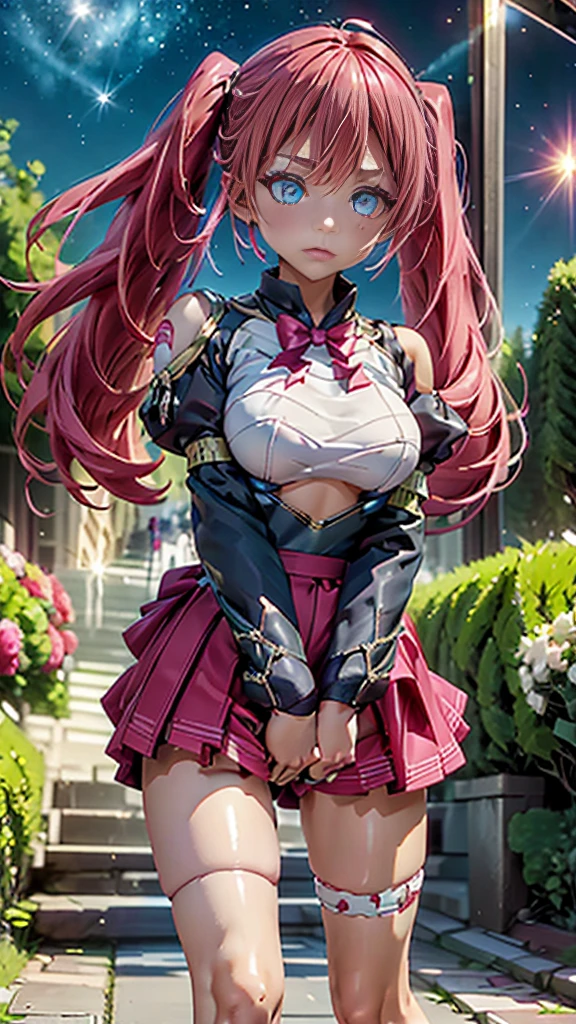 Masterpiece、最high quality、high quality、High definition、High resolution、High detail、Lens flare、Ray Tracing、high qualityのテクスチャー、high qualityの影、Beautiful details、Detailed explanation、Detailed texture、Realistic facial expression、Realistic and colorful、Slender、Cinematic Light、Side light、Sharp Focus、(1 Girl:1.3)、(Intricate details、Makeup、Pure Eros Face_v1:0.5)、(Details Beautiful delicate face、Detailed beautiful delicate eyes、Perfect Facial Proportions、Detailed skin、Charm)、Fancy Twin Tails、Beautiful bangs、(Pink and red gradient hair color）、slender、(Large upward-facing breasts)、(Detailed crotch、V-Cut、High Leg、Thong)、Thighs、Dress shirt、Removing the Sleeve、boots、Provocative attitude、Release your knees、Leg spread、Raise your arms、Low-angle composition、(Take a deep breath、Work on this image step by step)