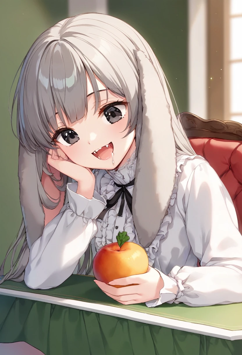(8k, masterpiece, best quality, ultra-detailed, an extremely delicate and beautiful, official style, depth of field, highly detailed, very aesthetic, intricate, overall detail, perfect ???????), looking at foods, looking down, upper body, sit, eating, table, chair, fruit on table, fruit bowl, vegetables, BREAK 1girl, solo, gray hair, long hair, (black eyes, + +:1.2), rabbit girl, droopy ears, lop-ears, fluffy, (white dress, frill, long sleeves:1.2), faint lips, happy, open mouth, skin fangs, drooling