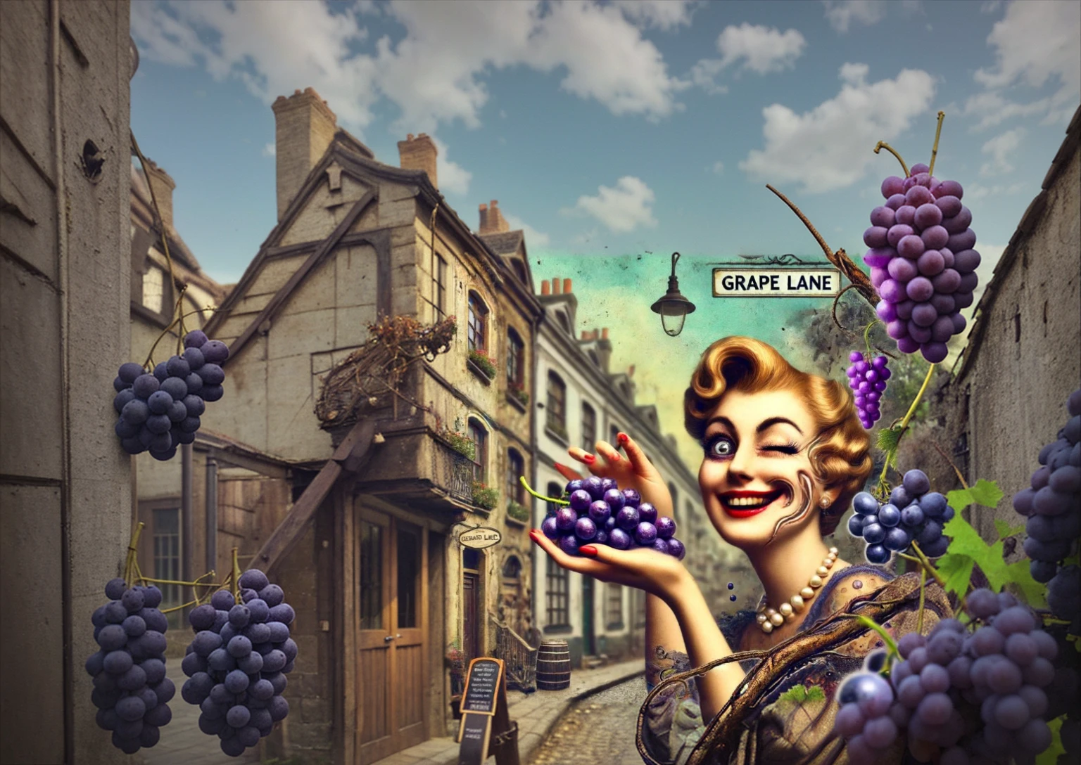 an old street in England, a grape street, a girl with a sinister smile and grapes, people around, all this should be in the style of an album cover, and the text on the Grape Line picture