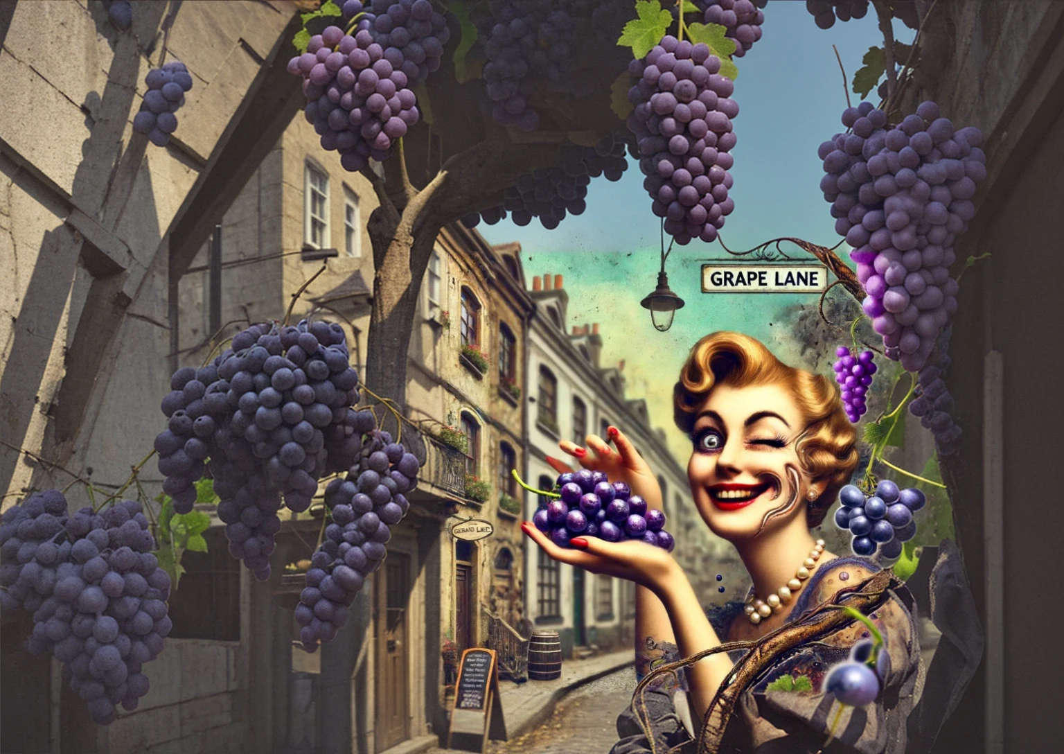 an old street in England, a grape street, a girl with a sinister smile and grapes, people around, all this should be in the style of an album cover, and the text on the Grape Line picture