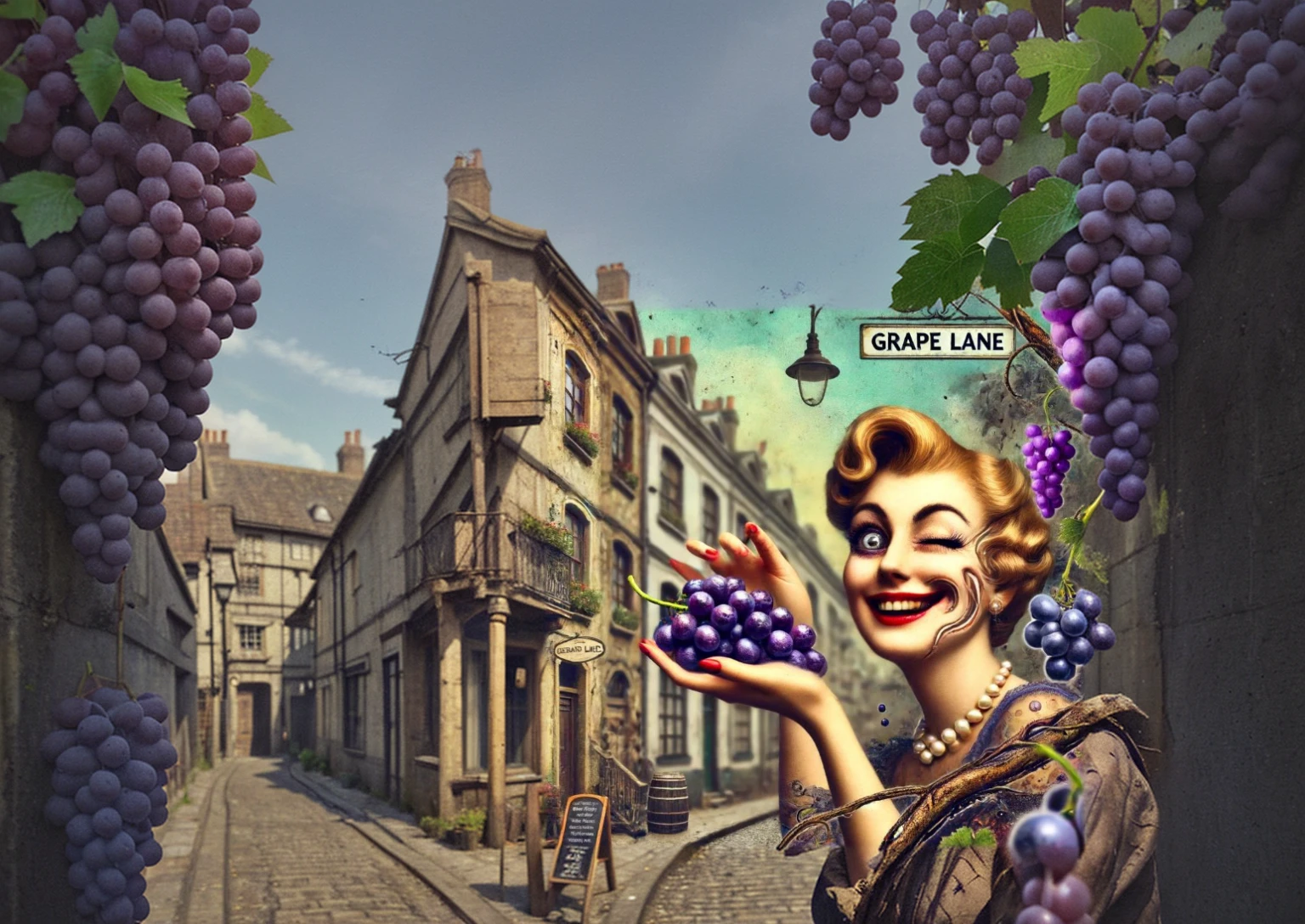 an old street in England, a grape street, a girl with a sinister smile and grapes, people around, all this should be in the style of an album cover, and the text on the Grape Line picture