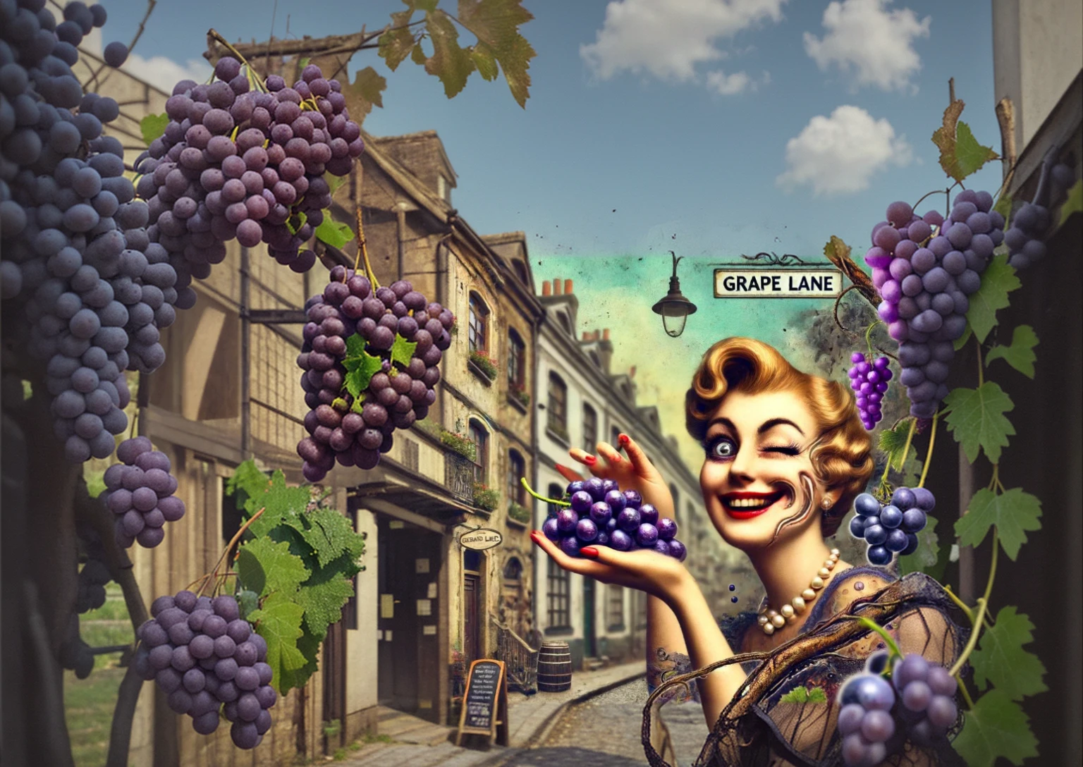 an old street in England, a grape street, a girl with a sinister smile and grapes, people around, all this should be in the style of an album cover, and the text on the Grape Line picture