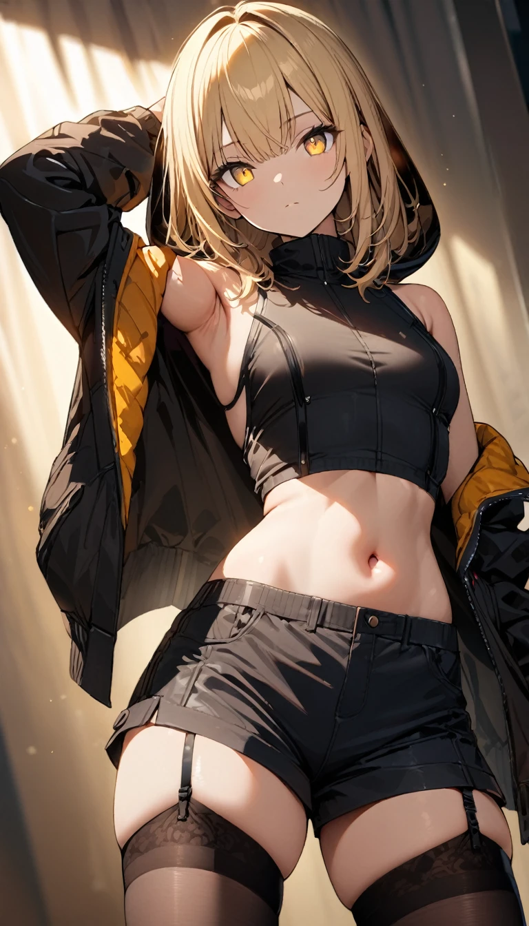 a handsome girl, solo, blond hair, yellow eyes, bright eyes, bangs, ”hood jacket”, high neck sleeveless, [navel], off shoulder, bare shoulders, open jacket, shorts, black tights, garter straps, expressionless, blurry background, perfect lighting, perfect angle, best pose, masterpiece, best quality, extremely detailed face, extremely detailed,