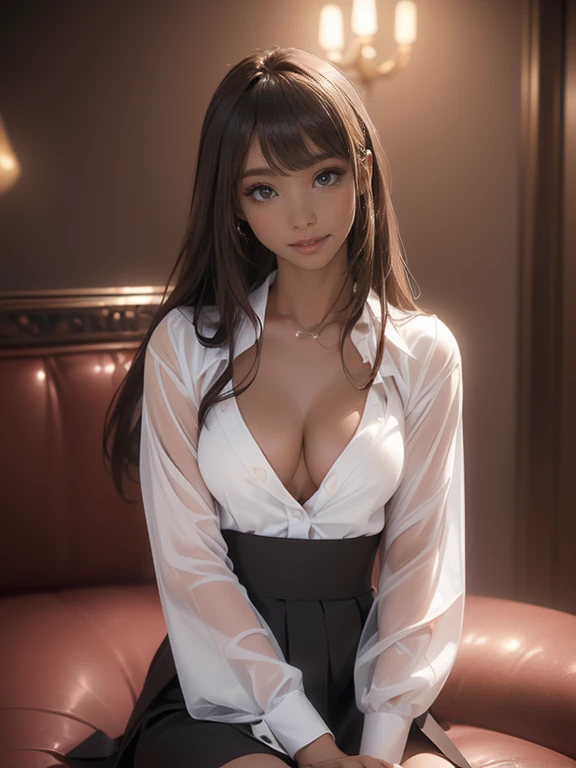 ((((Brown Skin、Dark Skin、Black Skin、Ultra-Realistic Skin))))One Woman、masterpiece、((Extremely realistic、Extremely realistic))((Extreme photo quality、Extremely high image quality、Increase saturation and contrast))((Bright smile、smile))、((Beautiful Hair、Light Hair Color、Super Long Straight、Moisturized hair))(Droopy eyes、Moist eyes、stare)(((27 year old girl、Small face、Super Baby Face、Idol Makeup、Surreal texture)))((Dark luxury cafe、Detailed Background))、((Sexy open white shirt、Exposed breasts business tight skirt、Extremely short length))Round shaped chest、Super big breasts、Round Breasts、Small waist、Waistline、Long legs、Beautiful back、Spotlight、Movie Lighting(((Shot from under your feet)))