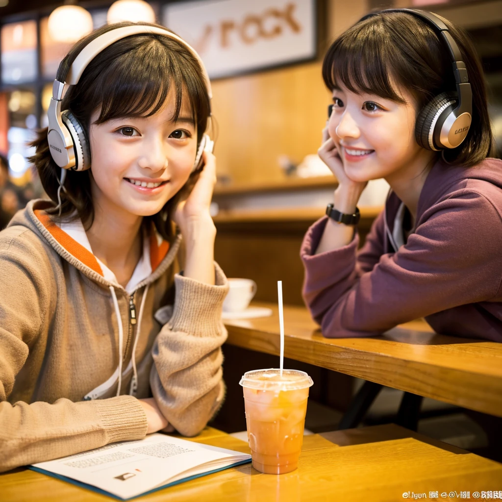 Looking straight ahead and smiling, Ultra HD、128k、Masterpiece、Cute little kindergarten girl studying in a coffee shop while listening to music on headphones、orange juice, clavicle, RAW Photo、Big-eyed girl in cherry-colored clothes、Hands on headphones, Warm lighting、Beautiful night view、Japanese anime style, Smile