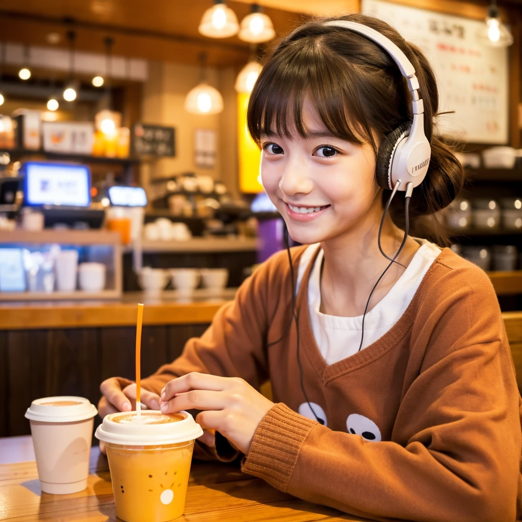 Looking straight ahead and smiling, Ultra HD、128k、Masterpiece、Cute little kindergarten girl studying in a coffee shop while listening to music on headphones、orange juice, clavicle, RAW Photo、Big-eyed girl in cherry-colored clothes、Hands on headphones, Warm lighting、Beautiful night view、Japanese anime style, Smile