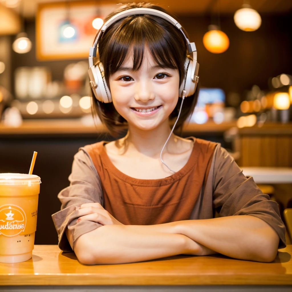  Looking straight ahead and smiling, Ultra HD、128ｋ、Masterpiece、 studying in a coffee shop while listening to music on headphones、orange juice, clavicle, RAW Photo、Big-eyed girl in cherry-colored clothes、Hands on headphones, Warm lighting、Beautiful night view、Japanese anime style, Smile