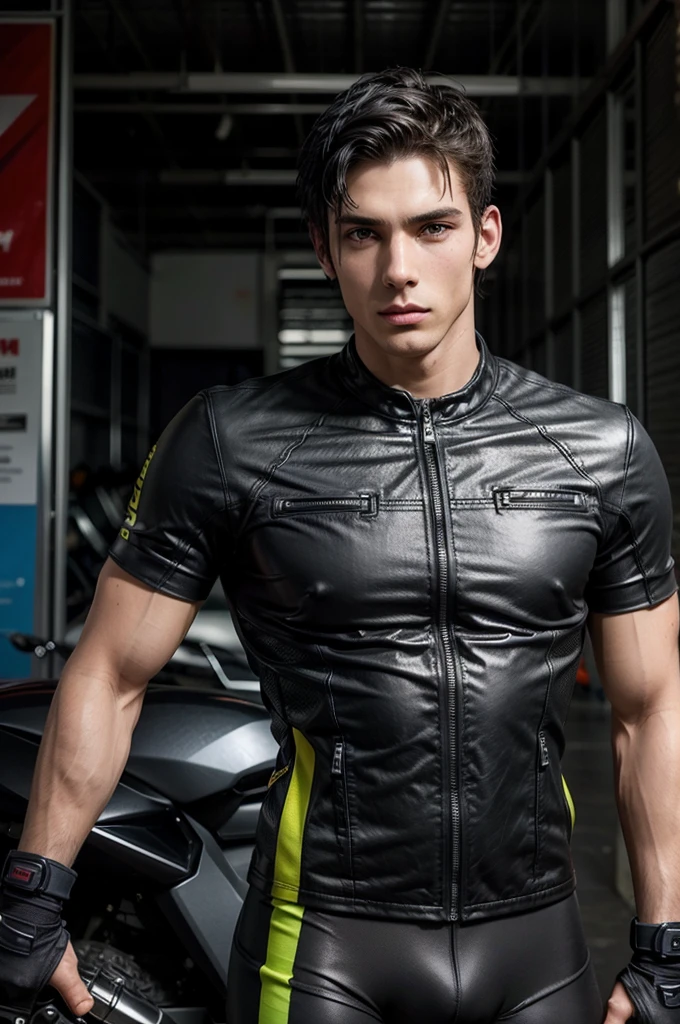 man, motociclista y model, tall and muscular body, with short black hair, model, whole body.