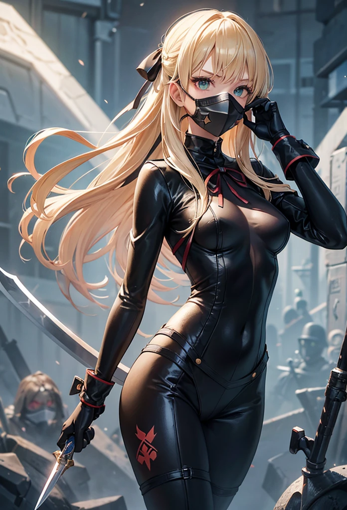 slender, mature female, 1girl, rating:safe, blonde_hair, solo, weapon, hair_ribbon, dagger, bodysuit, ribbon, long_hair,green_eyes, looking_at_viewer, gloves, standing, small_breasts, cowboy_shot, holding, breasts, holding_weapon, black_ribbon, gas_mask, skin_tight, holding_dagger, covered_mouth, knife, battle_knife, bangs