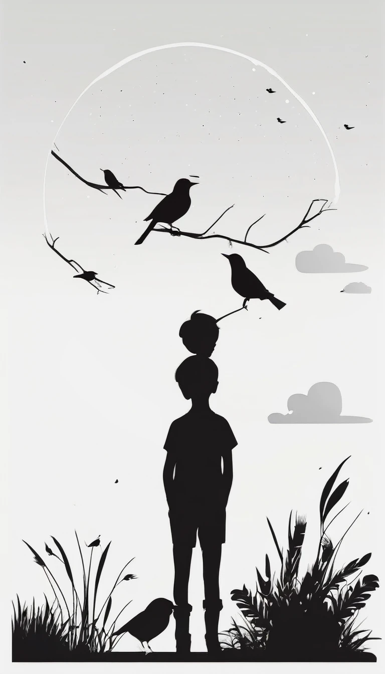 Minimalistic bird-and-boy design logo from word penamemoria, experiential dreaming, bold font, black font, nature, stories, dreams, white background, illustration