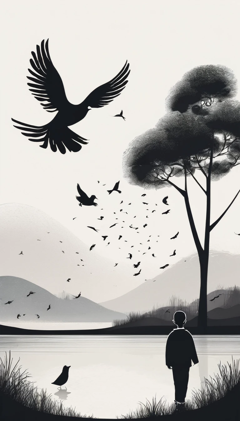 Minimalistic bird-and-boy design logo from word penamemoria, experiential dreaming, bold font, black font, nature, stories, dreams, white background, illustration 