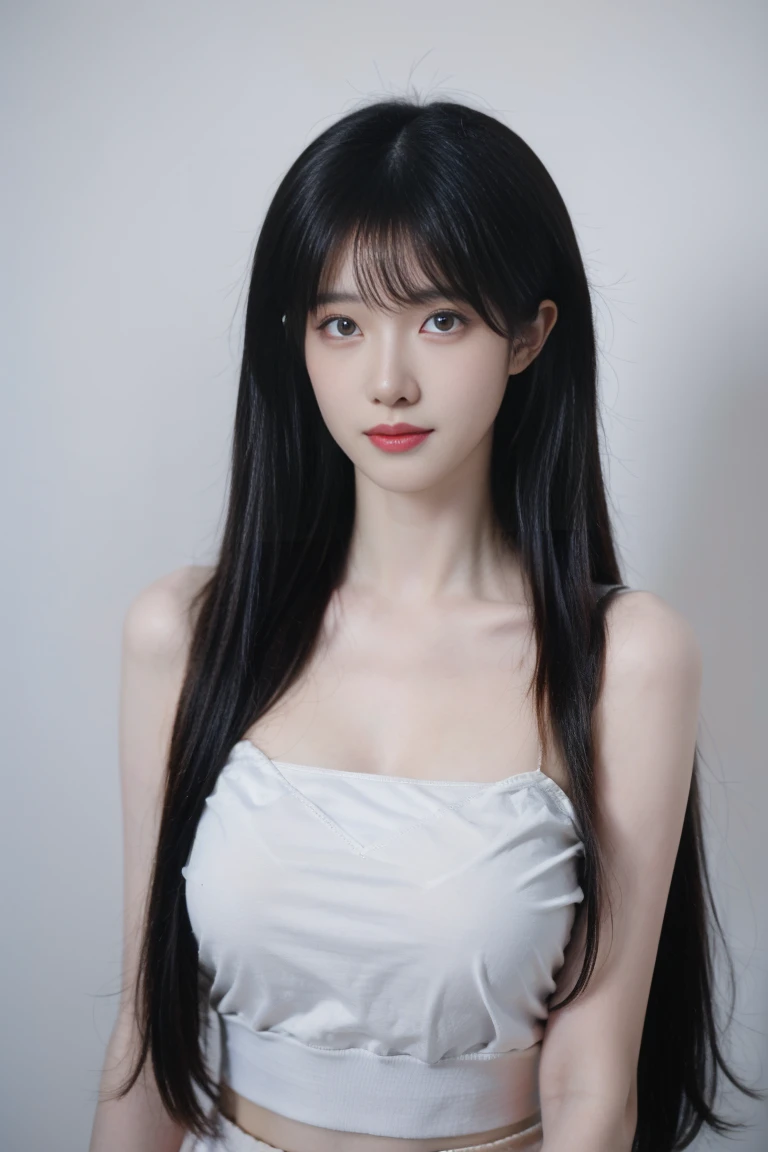 best quality, tmasterpiece,Ultra-high resolution,Clear face,（Reality：1.4），ferpect lighting，(upper body photo), (photorealistic:1.50), anime wallpaper, Guviz style artwork, cover-up fantasy up to magic , by Yang J, Guviz, beautiful artwork illustration, beautiful digital artwork, beautiful digital illustration, Li Song, beautiful anime portrait, art style in Beauvot,1girl, 独奏, long hair, black hair, twintails, hair ribon, Mask on hair, hair ornament, yellow eyes, Tenk top, Short pencil skirt,