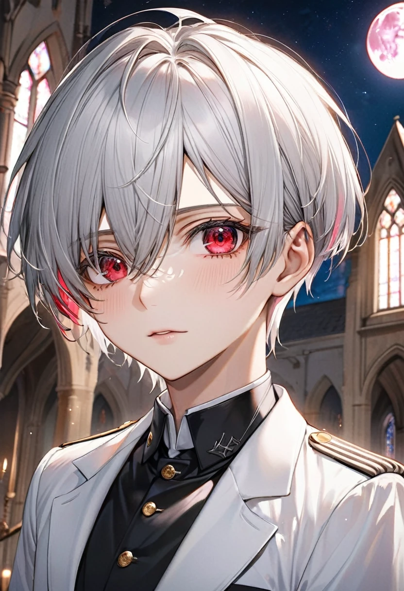 (close-up face), ((16 yo)), (solo:2 crew cut silver hair very short hair divine cool boy, detailed red eyes tears, serious face, flat chest), break, (in a butler suit), break, (in the Chapel Terrace), (background detailed biggest pink moon), BREAK, perfect anatomy, masterpiece, best quality, 16k, beautiful detailed night, daydreaming expression.