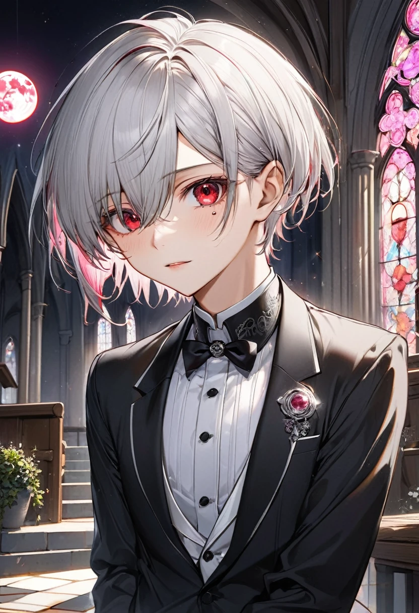(close-up face), ((16 yo)), (solo:2 crew cut silver hair very short hair divine cool boy, detailed red eyes tears, serious face, flat chest), break, (in a butler suit), break, (in the Chapel Terrace), (background detailed biggest pink moon), BREAK, perfect anatomy, masterpiece, best quality, 16k, beautiful detailed night, daydreaming expression.