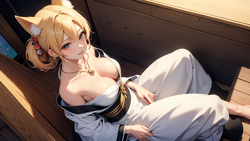 Ultra high definition。outline。Anime illustration。Camera angle looking down from above。Turn away、Look Away。Hide your eyes。Turn away、Look Away、Sit on a chair。Free room。Free updo。Blonde fox ears。Off-the-shoulder kimono。Big Breasts。hair ornaments。Earrings。necklace。