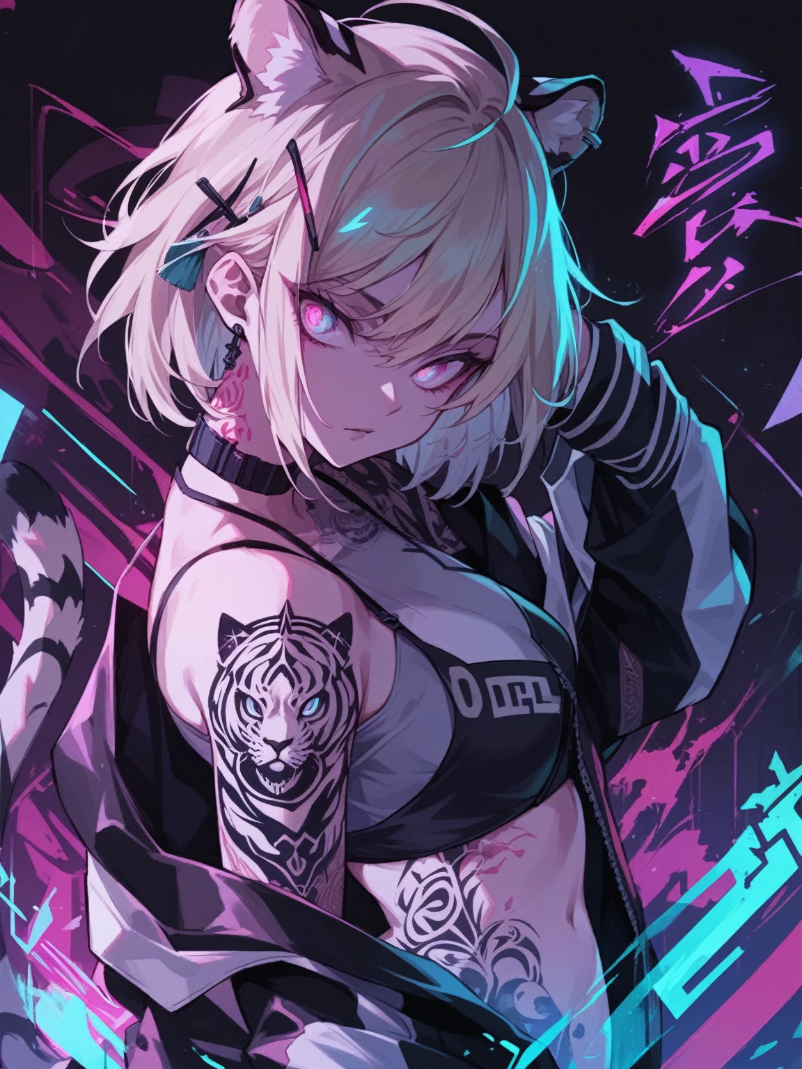 masterpiece Front view. Clean lines. Neon mirage in the dark, medium hair cat ears blonde anime girl, white glowing tattoo design, tattoo on arm. Japanese style tattoo. Waist-high shot. Holographic glow effect background white tiger
