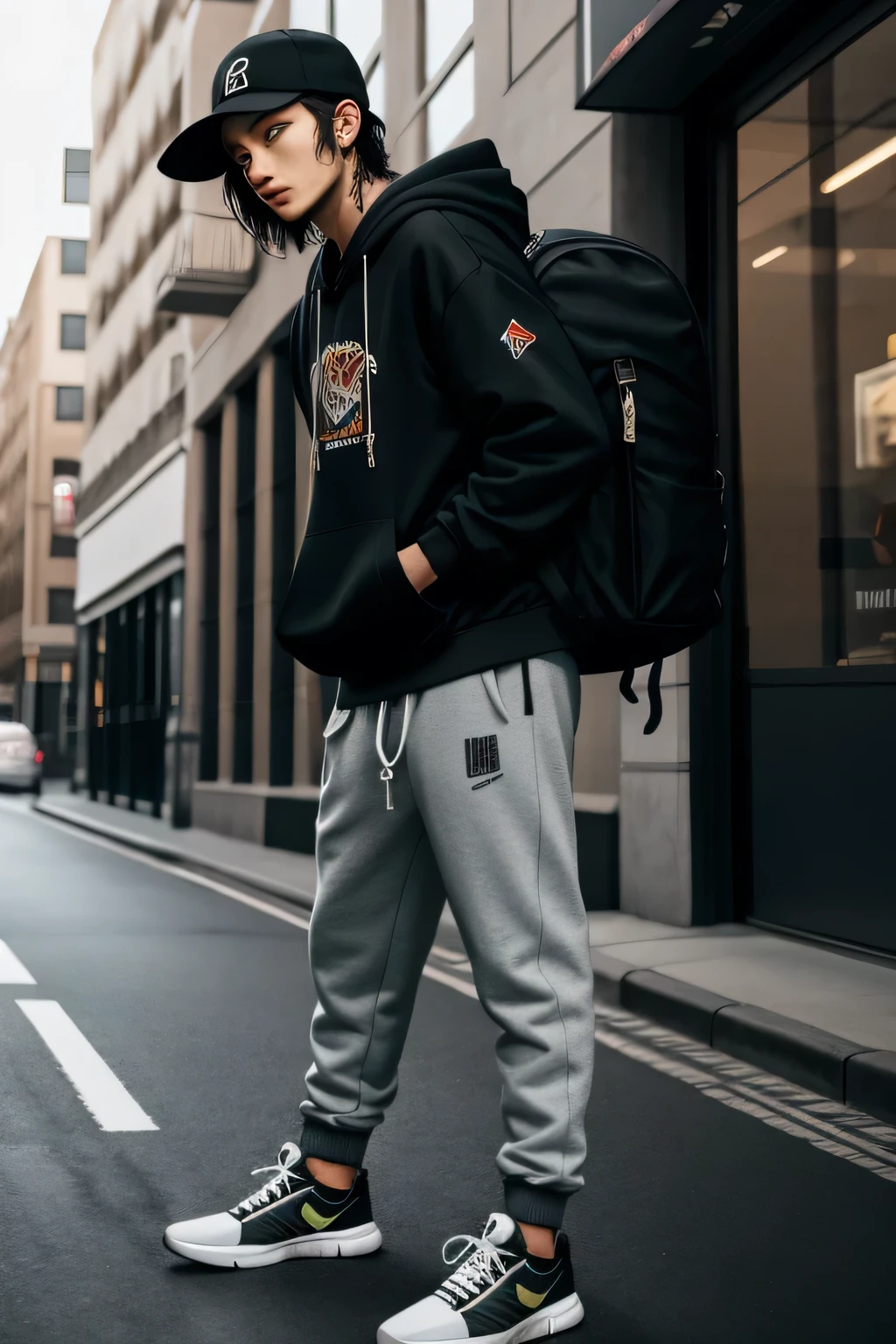 a portrait  of  beautiful Graphic hoodie, joggers, sneakers, bucket hat, backpack