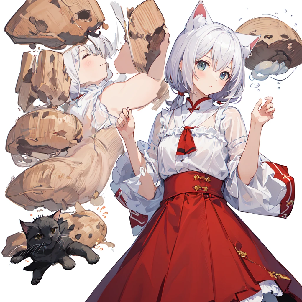 1 girl, head, ((White background, Red Cliff)), expression, tingyun, Cat Ear Girl，((白色head发))