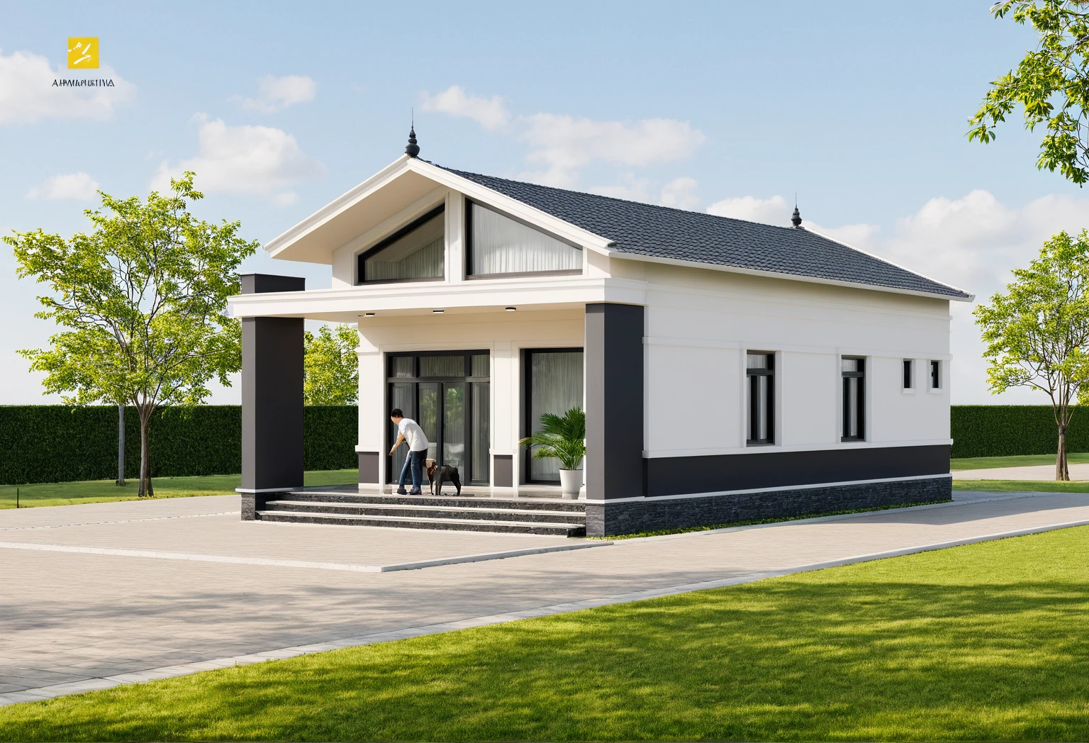 Raw photo,Masterpiece, high quality, best quality, authentic, super detail,
exterior, outdoors, house, Nhamaithai, aiaigroup on the tropical garden, minimalist line,onestoreyvilla, modern style, gray tile roof
brick yard,grass,tropical trees, sky, (day:1.1),Tropical garden background

