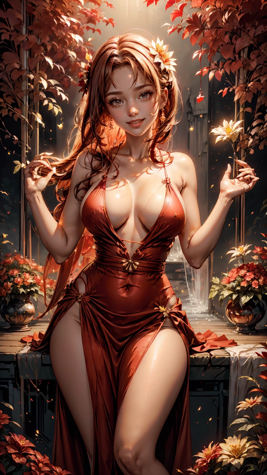 a woman in a red dress posing for a picture, smiley face, smile on face, huge breasts, beautiful flowers, red body suit, wearing a red sundress, giant stunning goddess shot, red dress, enormous, sexy red dress, opened dress, large full lips, low cut dress, rich red,