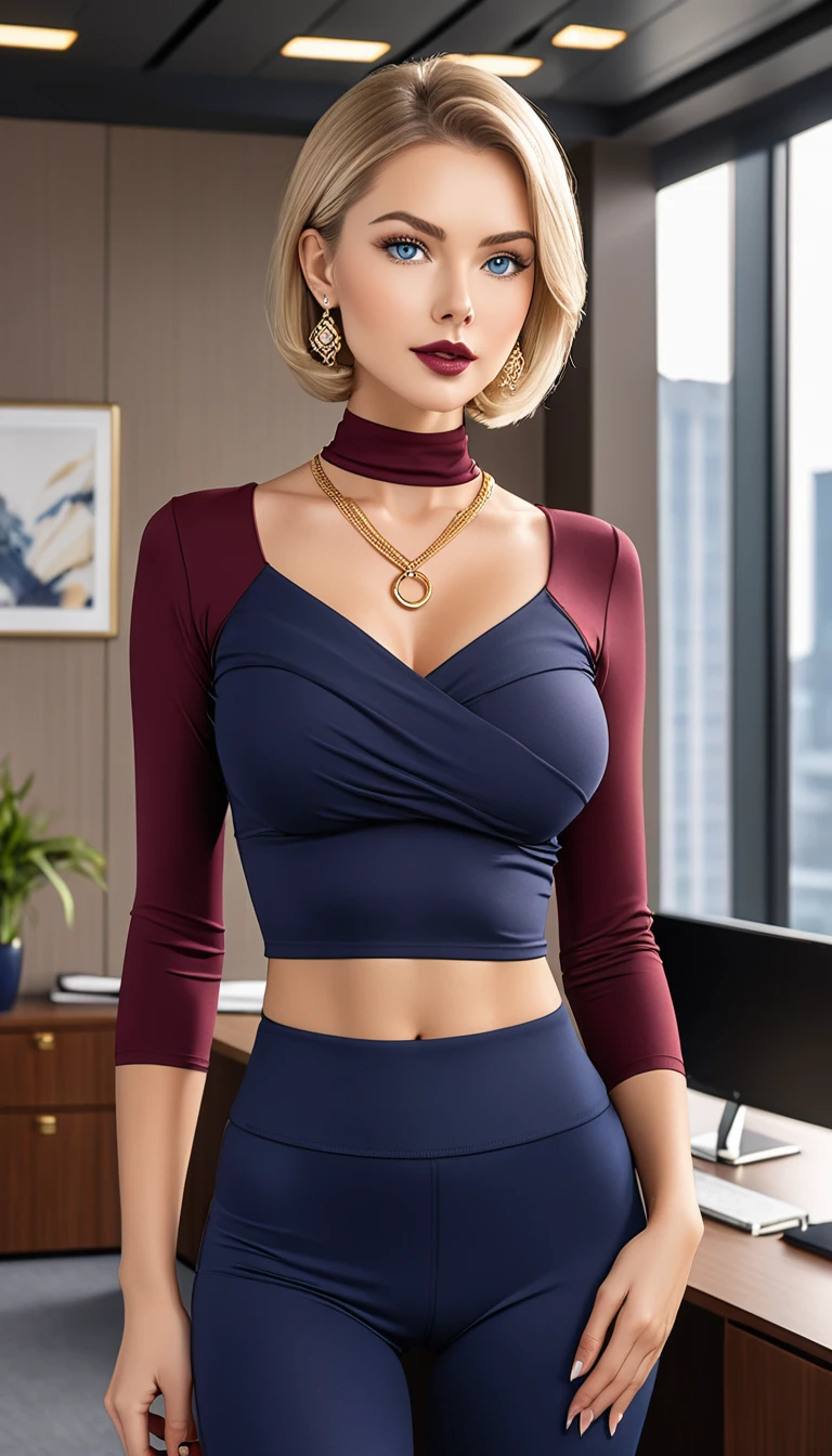 Beautiful woman with short straight blond hair with blue eyes wearing a Navy Blue Gym Tight Leggings, a Burgundy Sexy Criss Cross Mock Neck Mid Sleeves Blouse, luxurious jewelry and a luxurious necklace, 18k gold wedding ring on left hand, standing in an office room at sunshine, (caucasian skin), (light brown lipstick), (elegant mascara), (slim body with abs),(mid breasts) midjourney, <lora:GoodHands-, <lora:GoodLegs-, UHD, high resolution, (masterpiece:1.1, best quality), (expressive eyes, perfect face, full body, expressive face, perfect body, perfect pussy, athletic, fit, slim body, blushing, Perfect makeup, eyeliner, beautiful eyelashes, smiling, horny face), ((best illumination, best shadows))