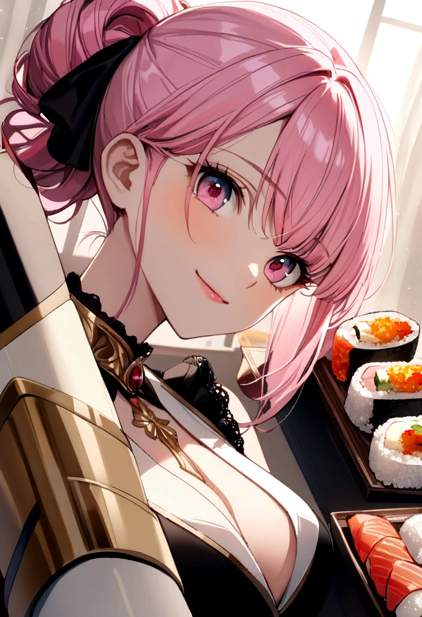 (((Luxurious golden most expensive sushi))),Fried rice with shrimp, wine, photograph, high quality、((masterpiece))、(((最high quality)))、((Super detailed))、 {Detailed and beautiful eyes}, finely,  Detailed and beautiful eyes,1 Girl, (alone:1.5),  (Hair Ribbon:0.4), Pink Eyes,Cinematic Angles,perspective,(((White bun hair))),(((Long pink hair))),smile、