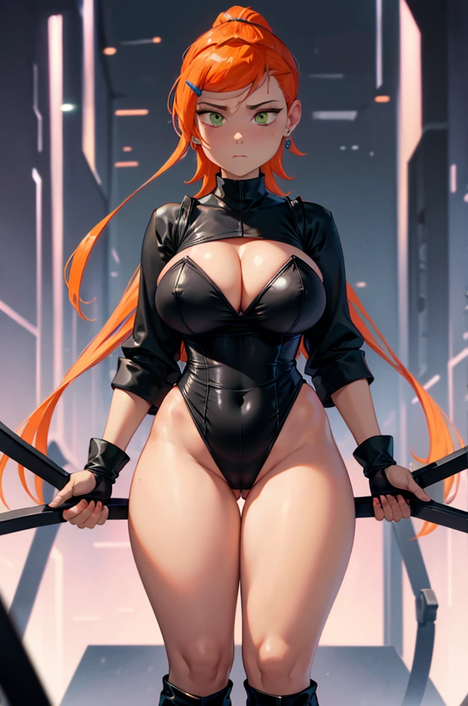 thick_thighs, wide_hips, gwen_tennyson, large_chest, black_leotard, leotard, highcut_leotard, 1girl, thicc, big breasts, [cleavage]