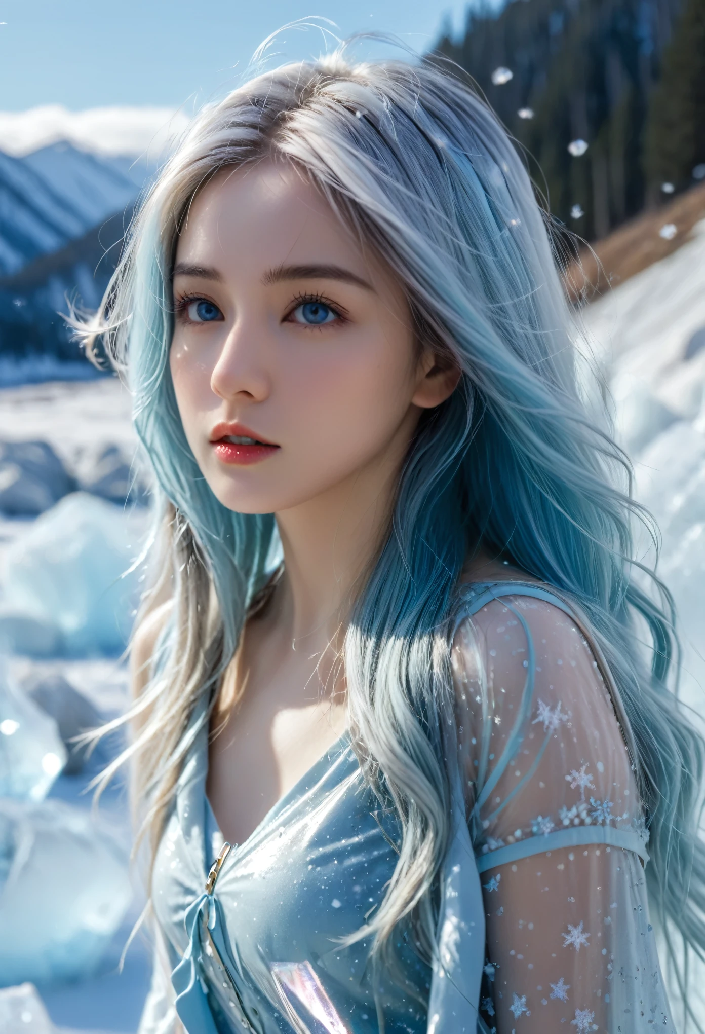 beautiful, young woman, in the crystal and ice area, fluttering ice, snowing,  streaked hair, sliver hair, sky blue hair, long hair, blue eyes, eye reflection, disdain, ray tracing, reflection light, blurry, glowing light, shallow depth of field, chiaroscuro, stereogram, zoom layer, side, bokeh, masterpiece, best quality, high quality, HD