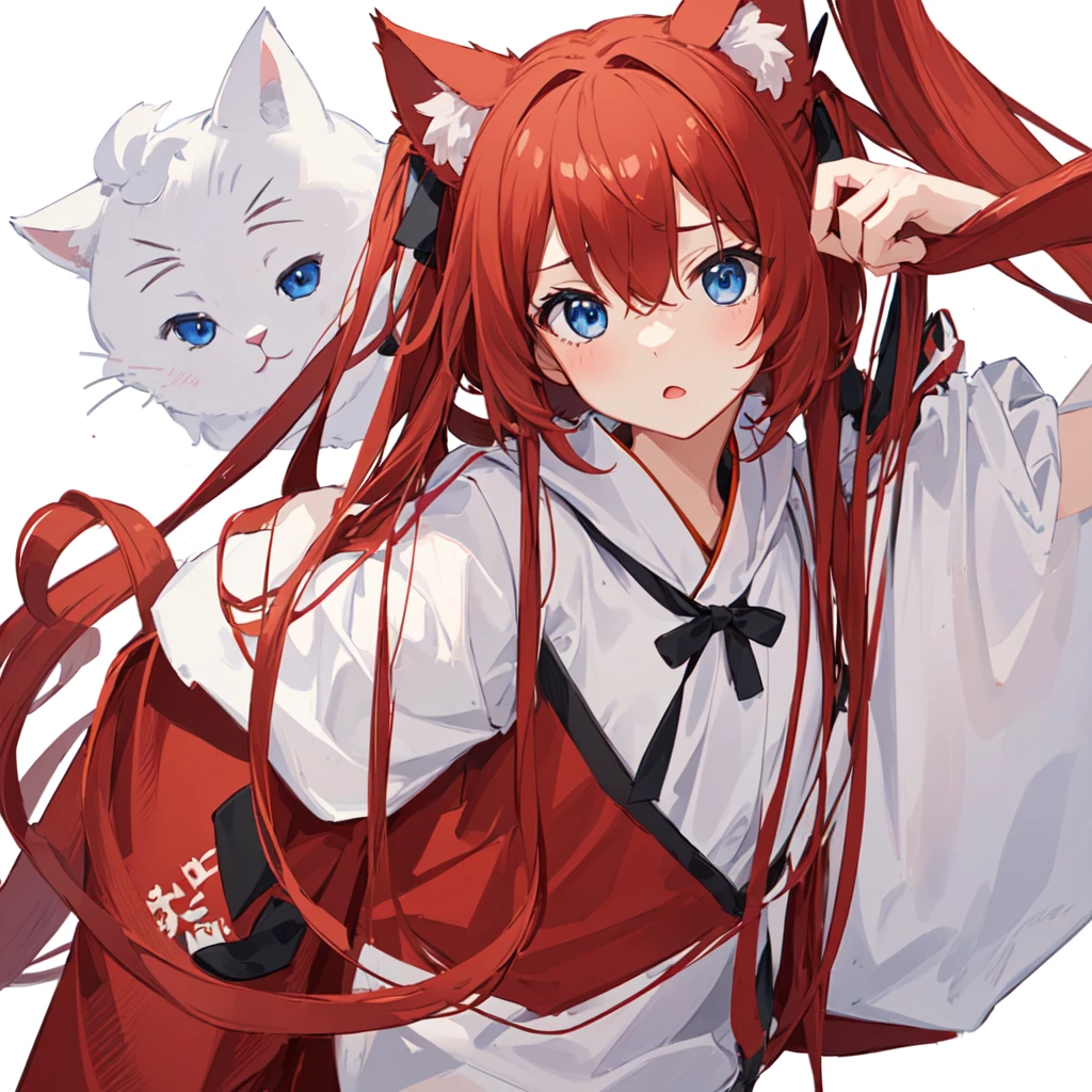 1 girl, head, ((White background, Red Cliff)), expression, tingyun, Cat Ear Girl,((白色head发)),blue eyes