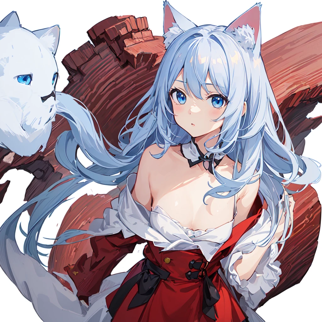 1 girl, head, ((White background, Red Cliff)), expression, tingyun, Cat Ear Girl，((白色head发)),blue eyes