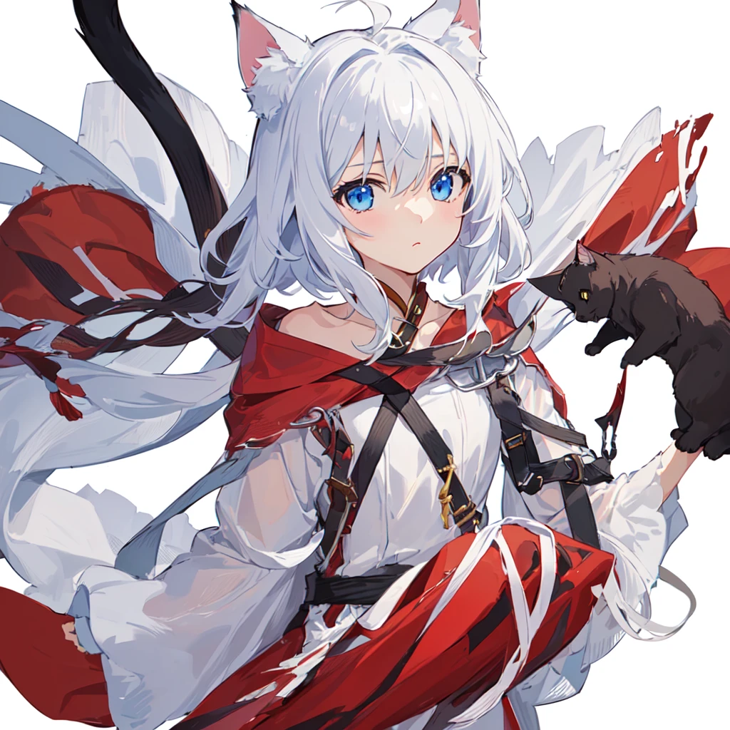 1 girl, head, ((White background, Red Cliff)), expression, tingyun, Cat Ear Girl,((白色head发)),blue eyes