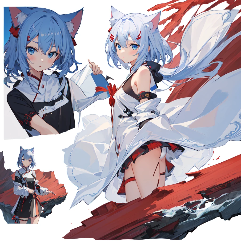 1 girl, head, ((White background, Red Cliff)), expression, tingyun, Cat Ear Girl,((白色head发)),blue eyes