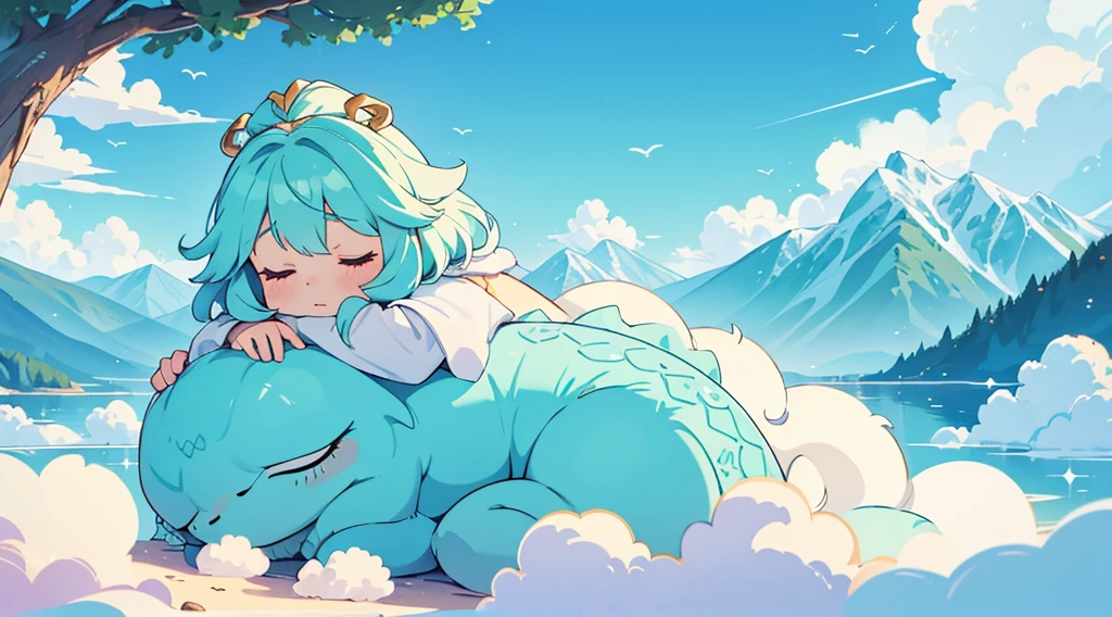 Here is a more detailed and specific prompt to closely match the provided image:
"Create a highly detailed and adorable image of a fluffy, dragon-like creature with turquoise scales and soft white fur. The creature should have small, golden antlers, long whiskers, and a gentle, sleeping expression. It should be curled up in a serene and dreamy cloudscape, with mountains faintly visible in the background. The creature's body should form a circular shape as it sleeps among the fluffy clouds. The overall atmosphere should be peaceful and ethereal, with soft, pastel colors and delicate lighting to capture a cute and magical essence."