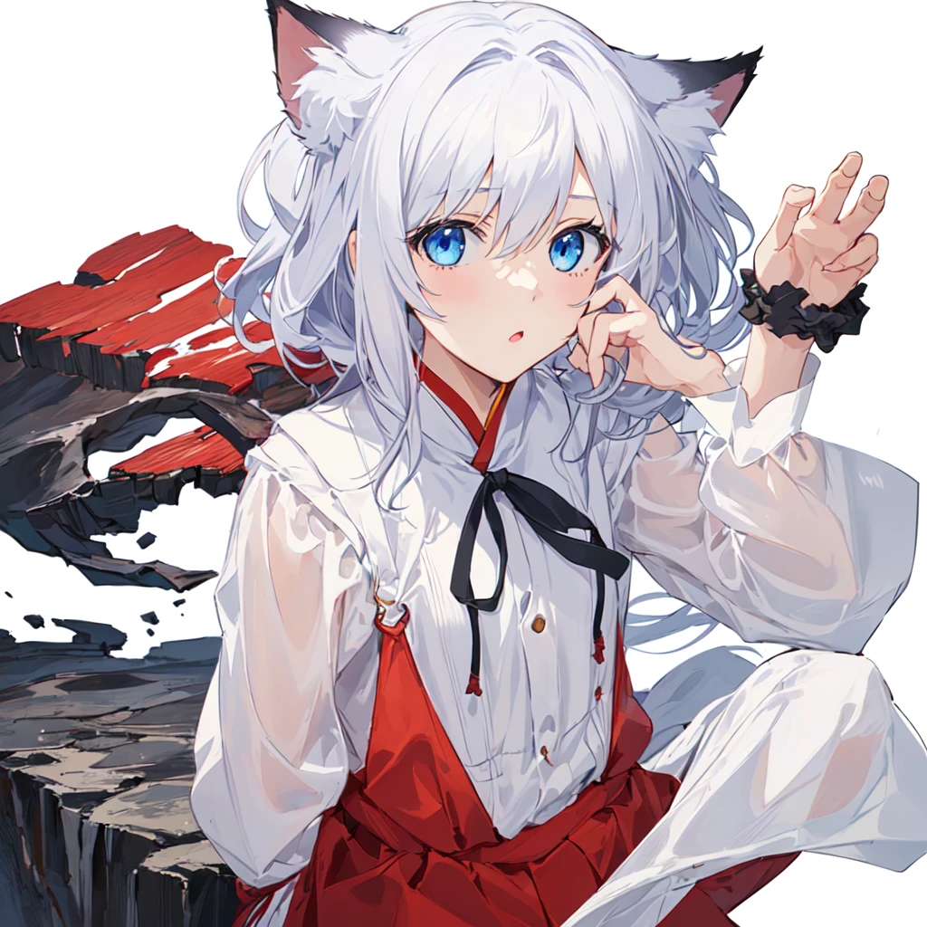1 girl, head, ((White background, Red Cliff)), expression, tingyun, Cat Ear Girl,((白色head发)),blue eyes