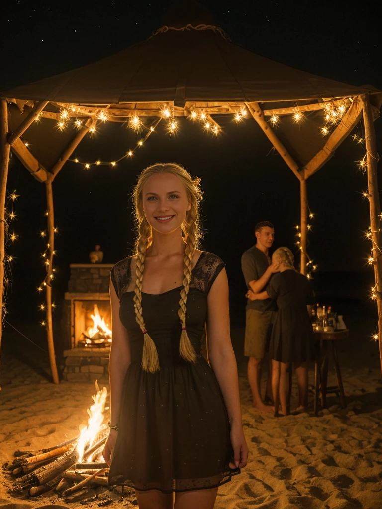 solo, realistic, photorealistic, natural lighting, (large forehead, (((Latvian woman))), (((Latvian nose))), (((Latvian eyes))), (((blonde))), (((braids))), (((Latvian face))), (((Latvian lips))), (((Latvian body))), (((fair complexion))) pose: standing, smiling, wearingMesh Overlay Dress, cleavage, background: Lit by flickering bonfires and twinkling stars, the Beach Bonfire Jam offers a cozy and communal musical experience on a moonlit shoreline. Circular seating arrangements of driftwood logs surround crackling fires, where acoustic guitars and hand drums accompany soulful vocals and impromptu jam sessions. Attendees gather in groups, sharing stories and marshmallow roasts while swaying to mellow tunes that blend with the rhythmic sound of crashing waves. The atmosphere is intimate and inclusive, fostering a sense of connection and camaraderie under a canopy of starlit skies.

