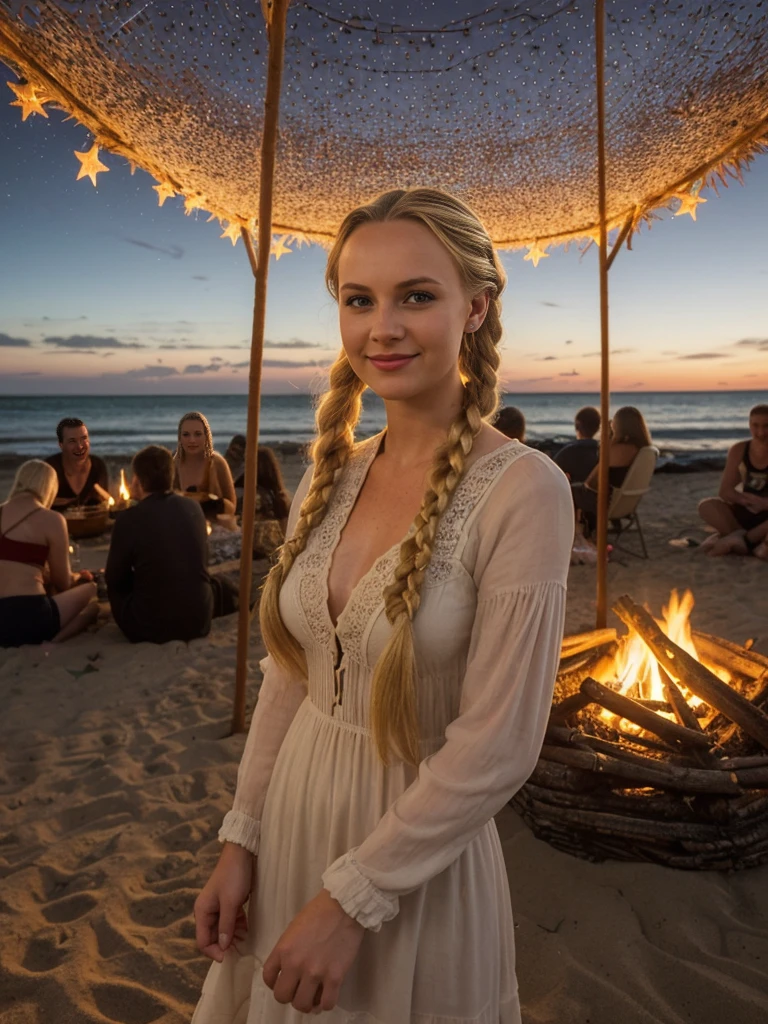 solo, realistic, photorealistic, natural lighting, (large forehead, (((Latvian woman))), (((Latvian nose))), (((Latvian eyes))), (((blonde))), (((braids))), (((Latvian face))), (((Latvian lips))), (((Latvian body))), (((fair complexion))) pose: standing, smiling, wearingMesh Overlay Dress, cleavage, background: Lit by flickering bonfires and twinkling stars, the Beach Bonfire Jam offers a cozy and communal musical experience on a moonlit shoreline. Circular seating arrangements of driftwood logs surround crackling fires, where acoustic guitars and hand drums accompany soulful vocals and impromptu jam sessions. Attendees gather in groups, sharing stories and marshmallow roasts while swaying to mellow tunes that blend with the rhythmic sound of crashing waves. The atmosphere is intimate and inclusive, fostering a sense of connection and camaraderie under a canopy of starlit skies.