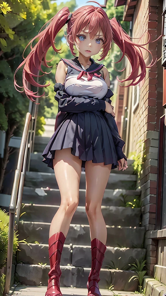 girl，Young，、（masterpiece，Highest quality），Street，Completely naked，Bare shoulders、Gal、Pink Hair、smile、passionate、long hair、(Underboob)，Big Breasts，Cleavage，(stomach)，Black mini tube top、looking at the camera、barefoot、A very short black miniskirt，(Ultra Micro Mini Pleated Skirt)，Strong winds、No underwear、Skirt flipped up、solo、Are standing、barefoot，City、Embarrassing