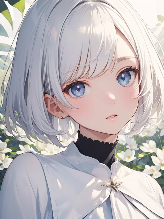 1 Female、Impressive white paintings、Depicted only in white and its shades、Black short hair、Bobcut、round face、Big eyes、Thin eyebrows、Sparkling eyes、Moist lips、A gentle gaze、half opened mouth,  White　only　Background、The room is filled with flowers and plants drawn in white only.、Rays of light pouring down、Soft sunlight、Oil painting and paints、