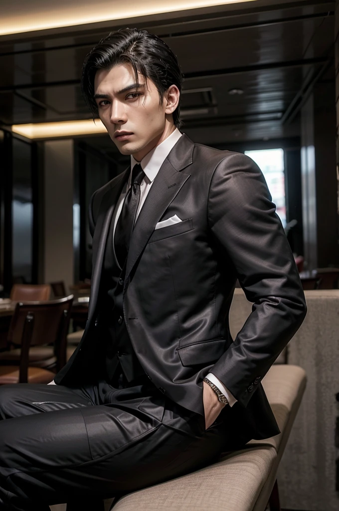 man, as mafia boss, tall and fit, with short black hair, while sexy modeling in different positions, whole body.