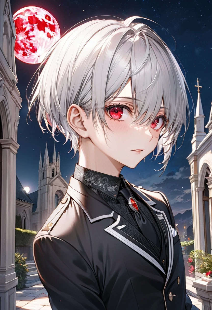 (close-up face), ((16 yo)), (solo:2 crew cut silver hair very short hair divine cool boy, detailed red eyes tears:1.3, serious face, flat chest), break, (in a butler suit), break, (in the Chapel Terrace), (background detailed biggest pink moon), BREAK, perfect anatomy, masterpiece, best quality, 16k, beautiful detailed night, daydreaming expression.