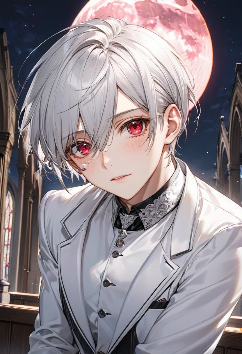 (close-up face), ((16 yo)), (solo:2 crew cut silver hair very short hair divine cool boy, detailed red eyes tears:1.3, serious face, flat chest), break, (in a butler suit), break, (in the Chapel Terrace), (background detailed biggest pink moon), BREAK, perfect anatomy, masterpiece, best quality, 16k, beautiful detailed night, daydreaming expression.