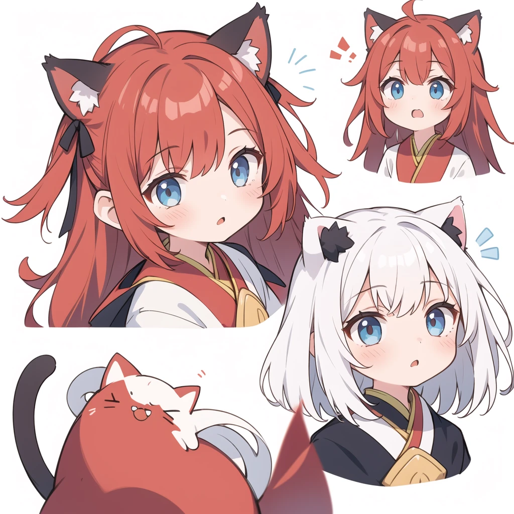 1 girl, head, ((White background, Red Cliff)), expression, tingyun, Cat Ear Girl，((白色head发)),blue eyes