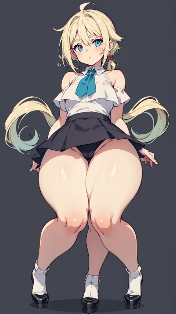 blank background, (((full body))), (masterpiece), ((best quality)), (very short girl), flat chest, short twintail, (wide hips:1.4), (thick thighs:1.4), (very short skirt), toeless footwear